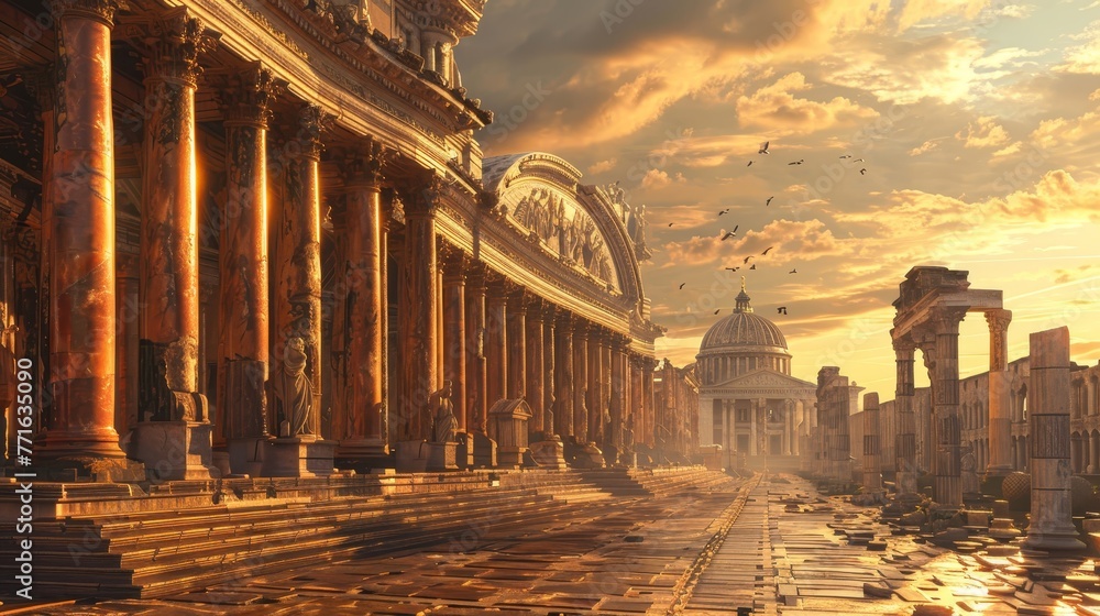 Aufkleber a city with a large building in the background and a lot of columns. the sky is cloudy and the sun i
