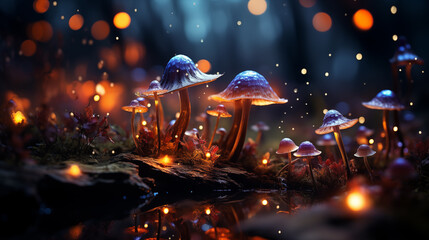 Magic psychedelic mushrooms in the magic fairy forest. Wonder psy woodland Generative AI fantasy - obrazy, fototapety, plakaty