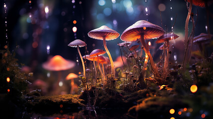 Magic psychedelic mushrooms in the magic fairy forest. Wonder psy woodland Generative AI fantasy - 771635027