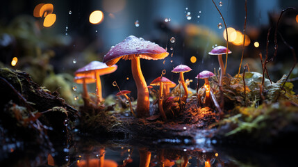 Magic psychedelic mushrooms in the magic fairy forest. Wonder psy woodland Generative AI fantasy - 771635028