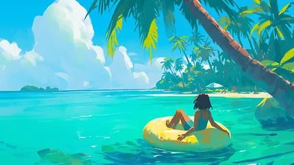 Gartenposter Grüne Koralle A woman is sitting in a yellow inflatable raft on a calm blue ocean. The scene is peaceful and relaxing, with the woman enjoying the serenity of the water