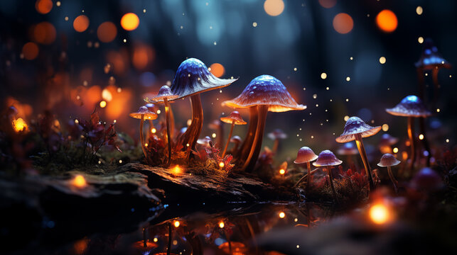 Magic psychedelic mushrooms in the magic fairy forest. Wonder psy woodland Generative AI fantasy