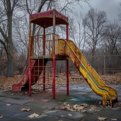 Fototapeta na wymiar Rusty playground in a forgotten neighborhood, dreams on hold