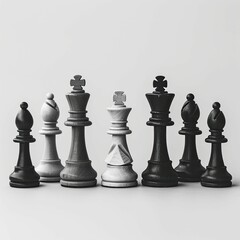 A striking display of minimalist chess pieces strategically positioned against a white backdrop highlights the game's essence.