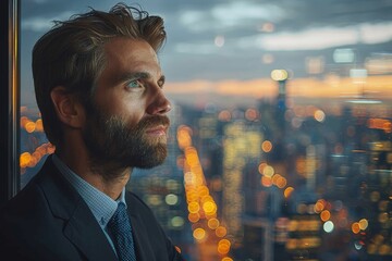 A business man contemplates the cityscape as evening lights illuminate the scene, reflecting his thoughtful mood