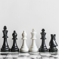 Strategically positioned minimalist chess pieces stand out against a pristine white backdrop, creating a striking contrast.