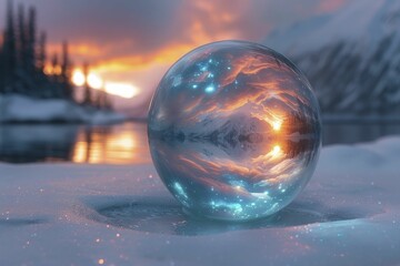 Mystical crystal ball with aurora borealis reflection, magic theme on white. - obrazy, fototapety, plakaty