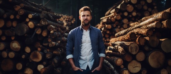 A man with a beard stands in front of a pile of logs in the darkness. The landscape is filled with soil and plants. This event is a fun recreation for him during his travels - Powered by Adobe