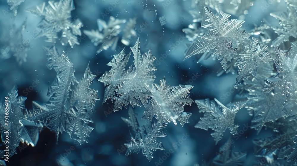 Poster the image is of a snowflake with a blue background. the snowflake is surrounded by a lot of other sn