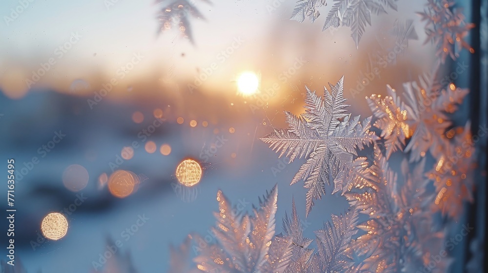 Poster a window with frosted glass and snowflakes on it. the sun is shining through the window, creating a 