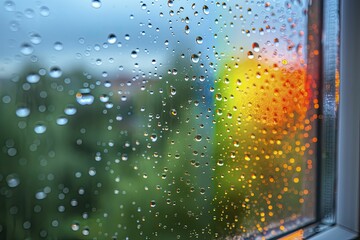Captured in a moment of serene beauty, raindrops dance on a window, reflecting a rainbow with a tranquil theme against a white backdrop.