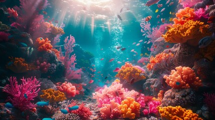 A colorful coral reef with many fish swimming around. The bright colors of the coral and fish create a lively and vibrant atmosphere