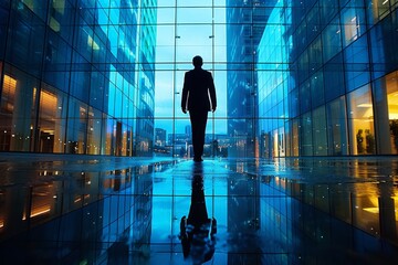 A lone individual's silhouette stands prominently against a blue glass skyscraper walkway, evoking contemplation