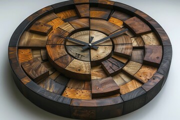 Rustic wooden clock with modern design elements, contrasting on white.