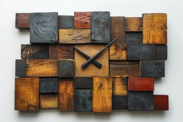 This unique clock blends rustic wood with modern accents, creating a striking contrast against a white backdrop.