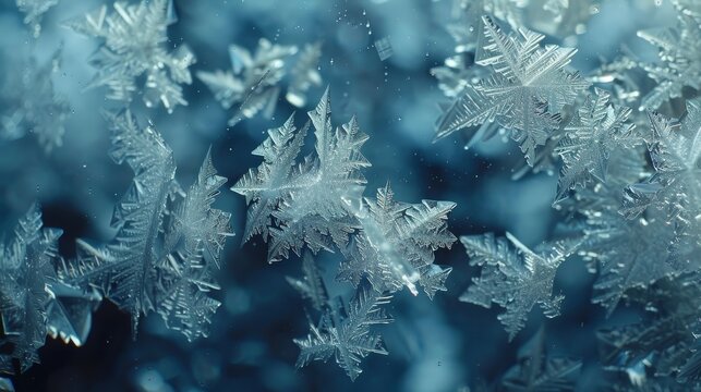 The image is of a snowflake with a blue background. The snowflake is surrounded by a lot of other snowflakes, creating a beautiful and serene atmosphere. The blue background adds a sense of calmness