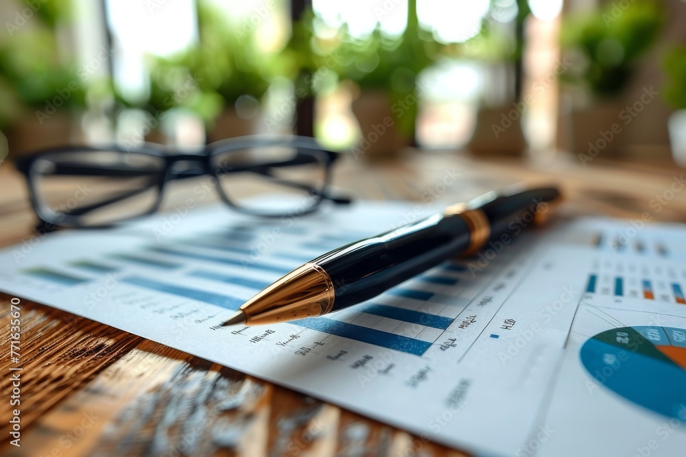 Poster a macro shot that brings a pen into sharp focus on a desk with financial charts and glasses in the b