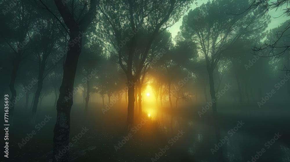 Aufkleber a forest with foggy trees and a sun shining through the trees. the sun is setting and the light is c