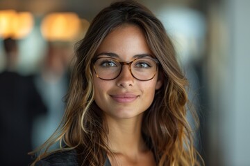 A stylish young woman with glasses giving a charming smile in a professional setting, exuding friendliness and confidence