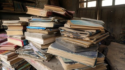 Worn-out textbooks in a makeshift classroom, knowledge in spite of all - obrazy, fototapety, plakaty