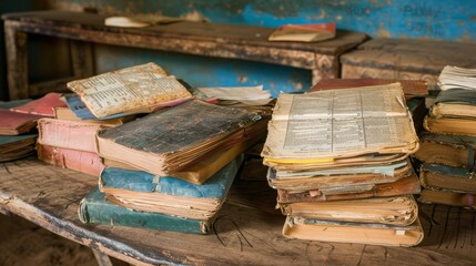 Worn-out textbooks in a makeshift classroom, knowledge in spite of all