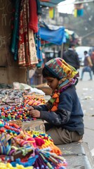 Fototapeta premium Youth selling crafts on a street corner, ambition under strain