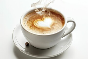 Steaming cup of coffee with heart-shaped foam, exuding warmth against a white background.