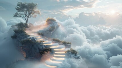 Ascending the spiraling staircase reveals an open book floating amidst the clouds against a serene white backdrop. - obrazy, fototapety, plakaty