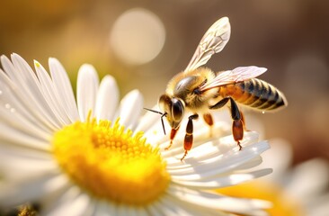 Photo of a honeybee on the center flower petal, with other white daisies in the background.