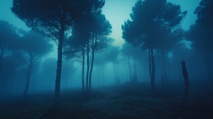 A forest at night with foggy trees. The trees are tall and dark, and the sky is cloudy. Scene is mysterious and eerie - obrazy, fototapety, plakaty