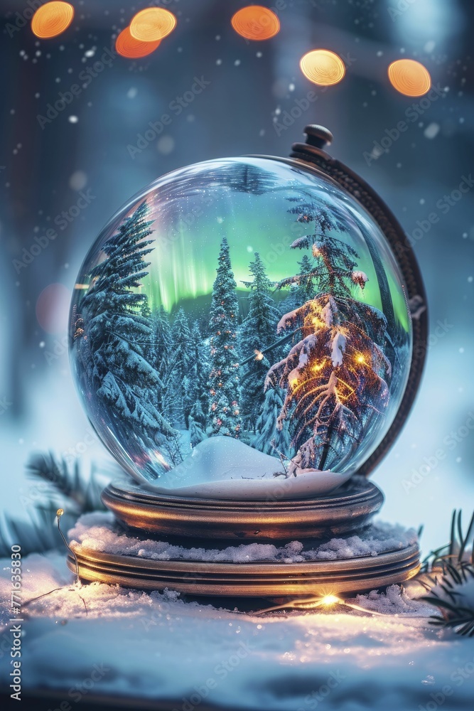 Poster Experience the ethereal beauty of vivid northern lights captured in a snow globe, creating a magical winter scene against a white backdrop.