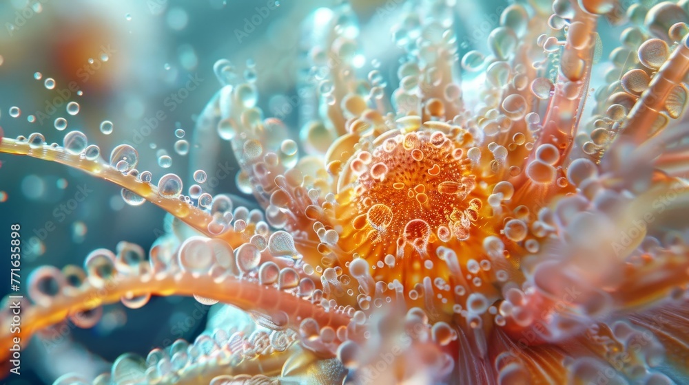 Aufkleber a close up of a flower with many bubbles surrounding it. the bubbles are of different sizes and colo