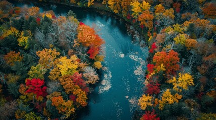 A river with trees on both sides and a lot of leaves on the trees. The leaves are orange and red