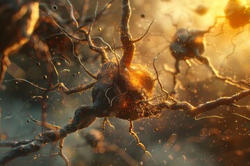 Digital rendering of neurons firing in the brain symbolizing the neurological aspects of head pain and the complexity of its treatment - obrazy, fototapety, plakaty