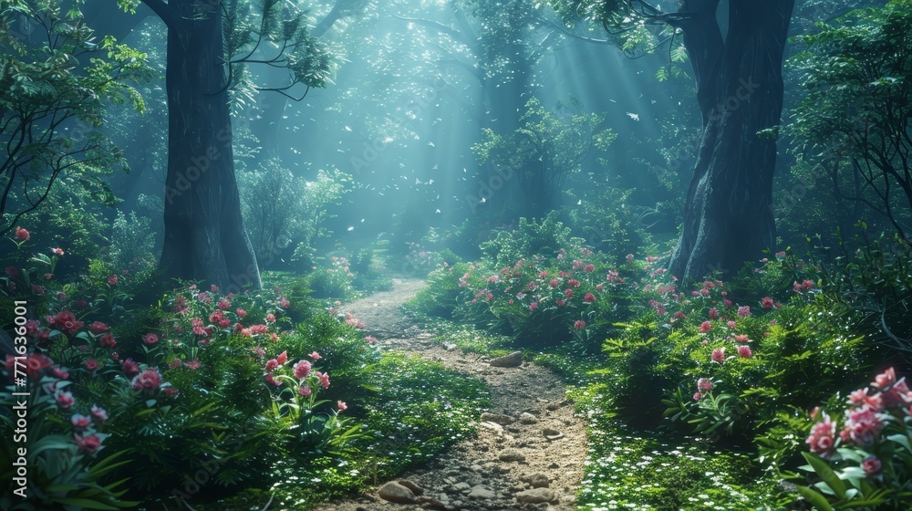 Poster a forest path with a trail of pink flowers. the path is surrounded by trees and the flowers are scat