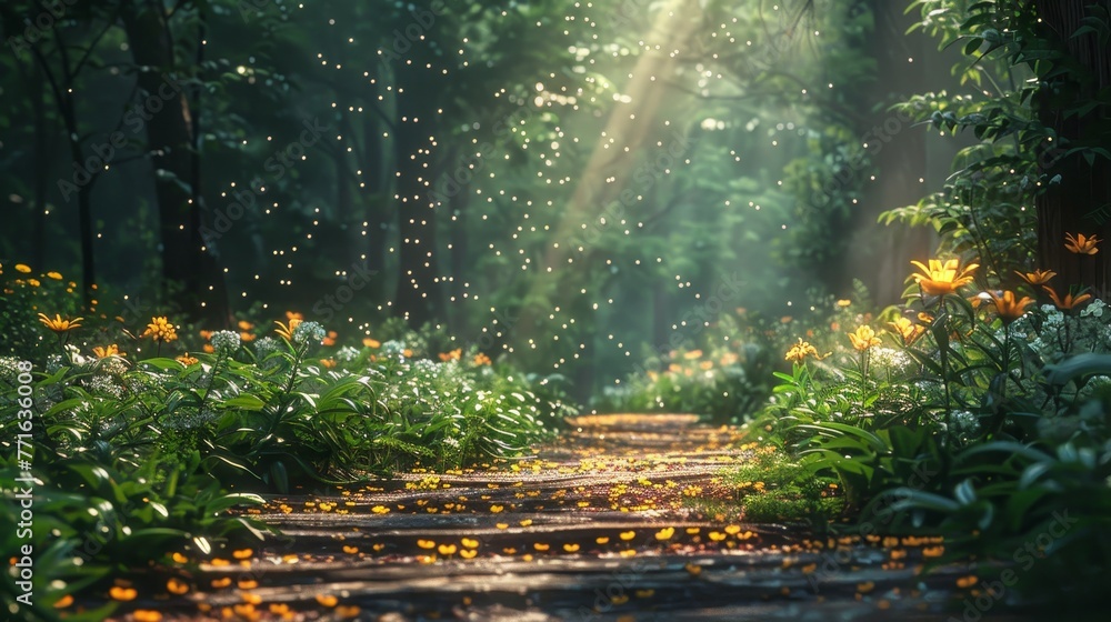 Poster a path through a forest with a lot of flowers and trees. the sun is shining through the trees, creat
