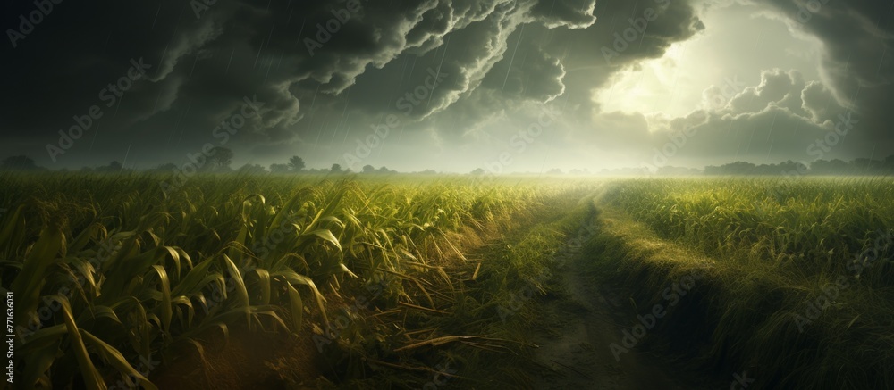 Poster a field of wheat under a dramatic stormy sky with lightning, creating a stark contrast between the g