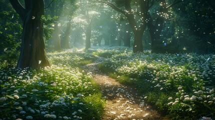 A forest path with a trail of white flowers. The flowers are scattered throughout the path, and the sunlight is shining through the trees, creating a peaceful and serene atmosphere
