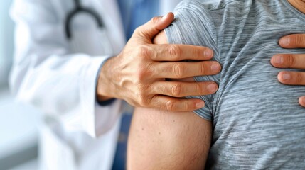 Doctor examining a patients painful shoulder using diagnostics to identify issues like rotator cuff tears or impingement - obrazy, fototapety, plakaty
