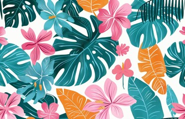 Various vibrant tropical leaves and flowers are displayed against a clean white background, creating a striking visual contrast