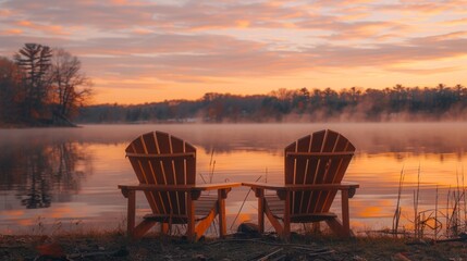 Two Adirondack chairs face serene lake at dawn's golden hour