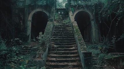 A staircase with a dark, eerie atmosphere. The stairs are covered in leaves and vines, giving the impression of a haunted or abandoned location
