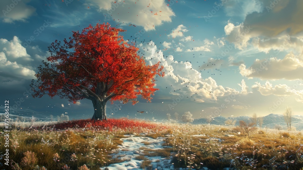 Aufkleber a tree with red leaves is in a field with snow on the ground. the sky is cloudy and the sun is shini