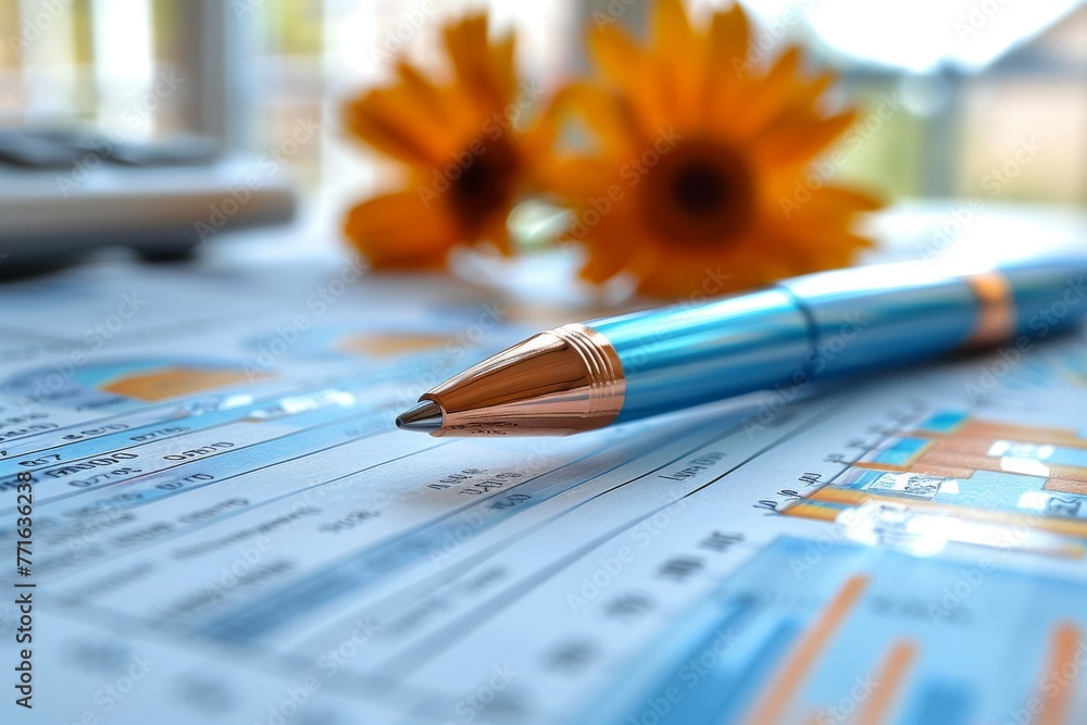 Poster a close-up image of a blue pen resting on a financial report displaying charts and graphs on a clear