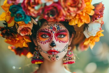 A vibrant illustration of a Mexican girl with a flower crown and intricate face paint, captured at a lively carnival parade.
