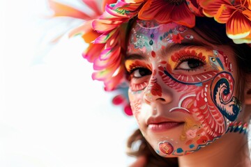 Vibrant Mexican girl in flower crown and face paint at carnival parade