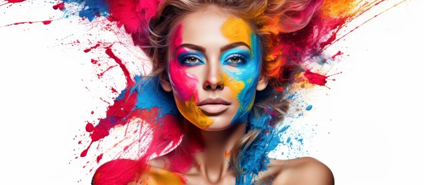 A woman adorned with vibrant paint on her face and body creating a stunning photomontage. Her eyebrows and eyelashes accentuated with art for an entertaining performance at a fashion design event