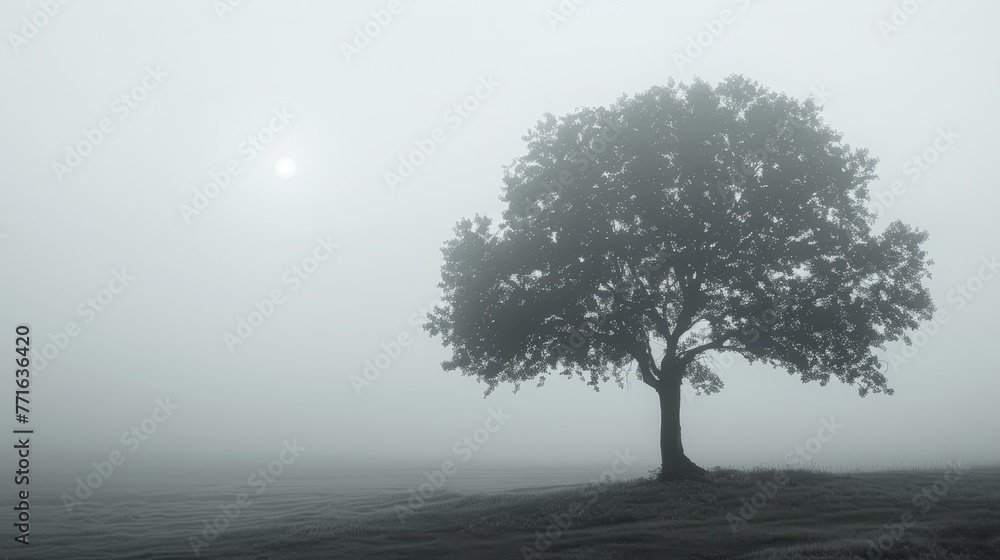 Poster a tree stands alone in a foggy field. the sky is cloudy and the sun is barely visible. the scene is 