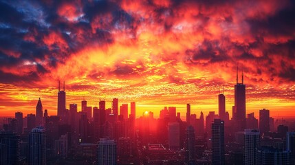 A city skyline is lit up by the sun as it sets. The sky is filled with clouds and the sun is setting in the distance