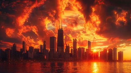 A city skyline is lit up by the sun as it sets. The sky is filled with orange and red clouds, creating a warm and inviting atmosphere. The city is bustling with activity